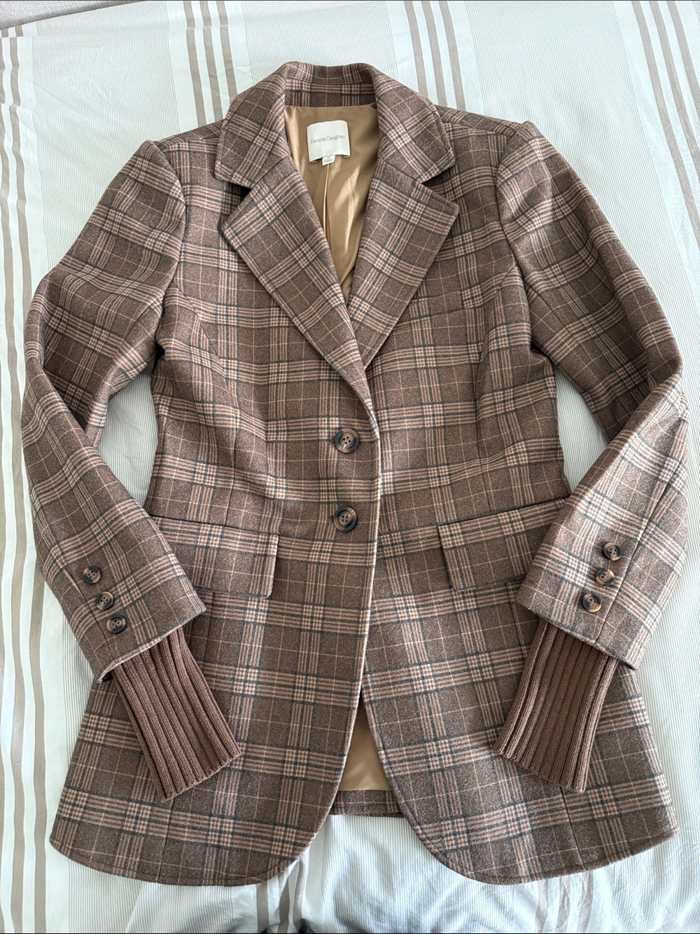 Brown & Tan Plaid Long Blazer Sportcoat with Ribbed Cuffs